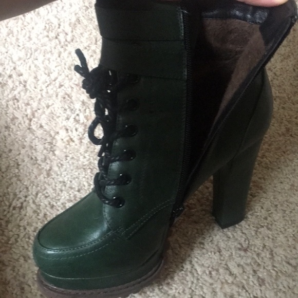 Dark army green, zip up, heeled platform boots - Picture 2 of 6